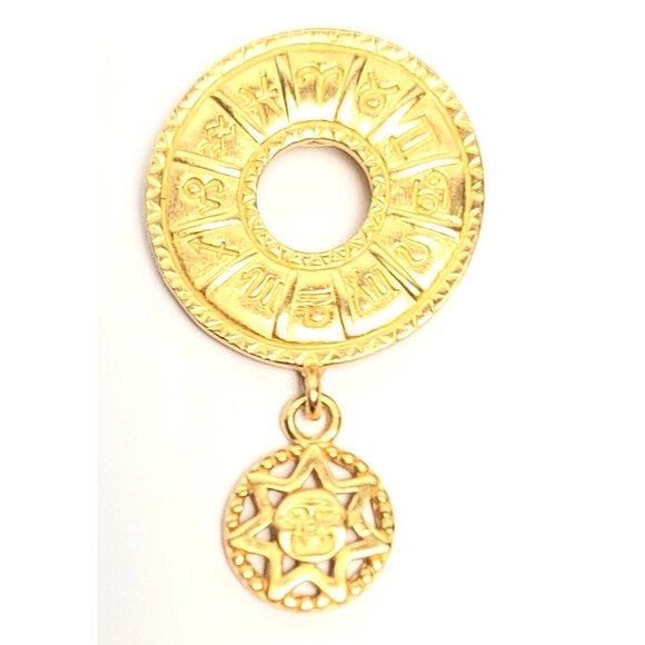 Anne Klein Round Astrological Medallion Sun Charm Dangle Brooch - Picture 1 of 6